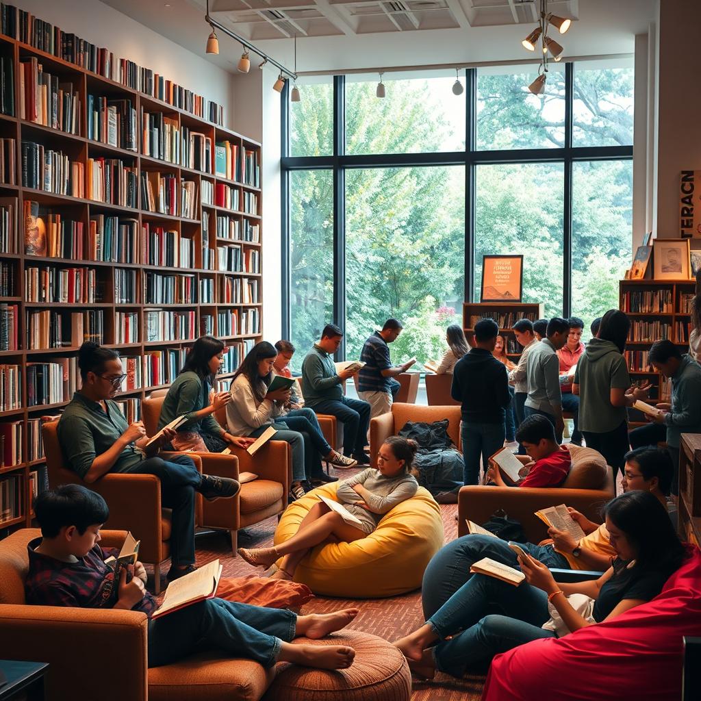 A bustling readers' gallery scene featuring a vibrant mix of people lost in their books, creating a warm and inviting atmosphere