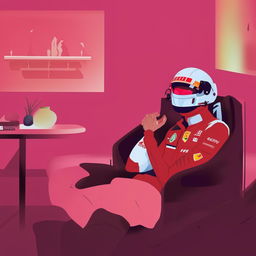 Illustration depicting F1 driver Charles Leclerc engaging in a therapy session, sitting in a calming environment, possibly speaking to a therapist or following a stress reduction technique.