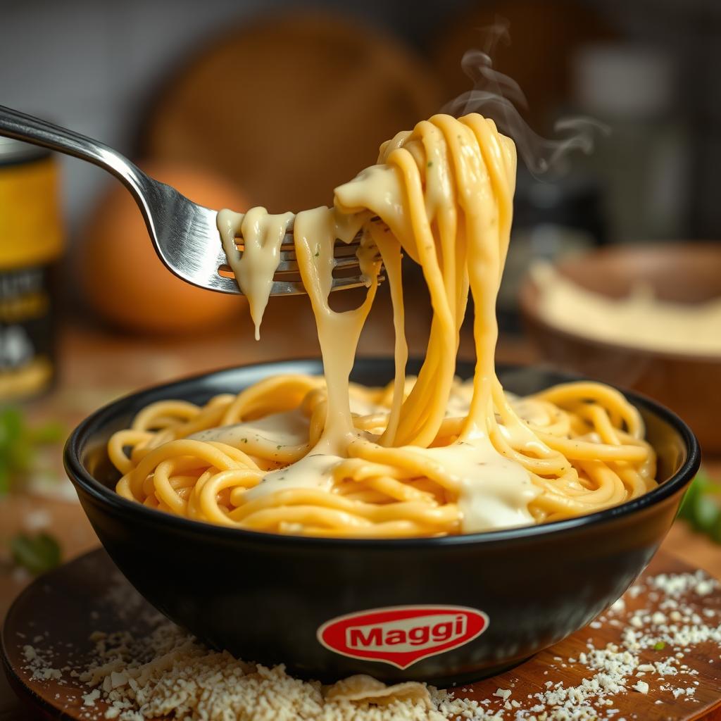 A steaming bowl of hot Maggi noodles generously adorned with gooey, melted mozzarella cheese, artistically pulled to create a delightful stretchy effect