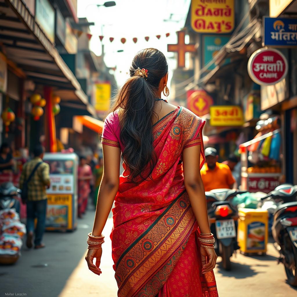 A vibrant scene depicting an Indian woman walking confidently down a bustling street in India