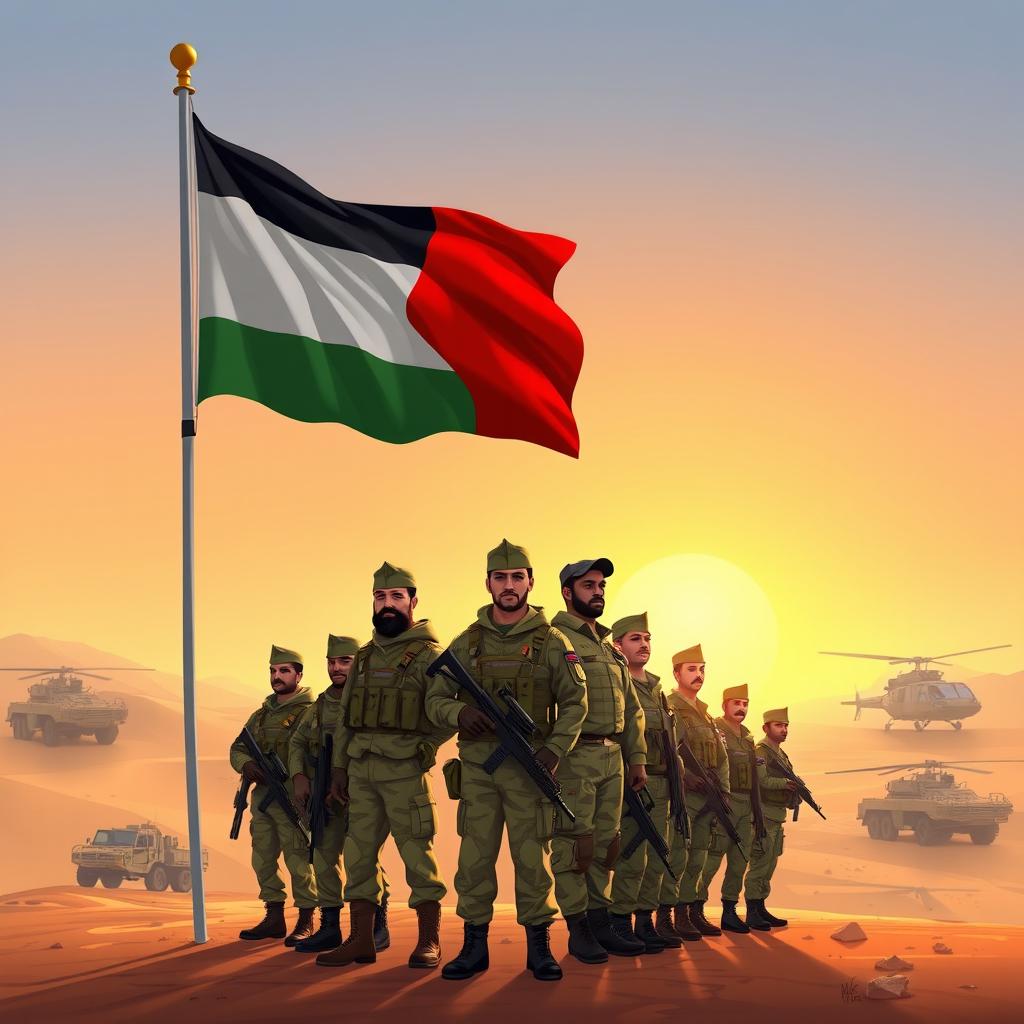A conceptual illustration depicting the Palestine army, showcasing soldiers in modern military uniforms, standing proudly in a desert landscape
