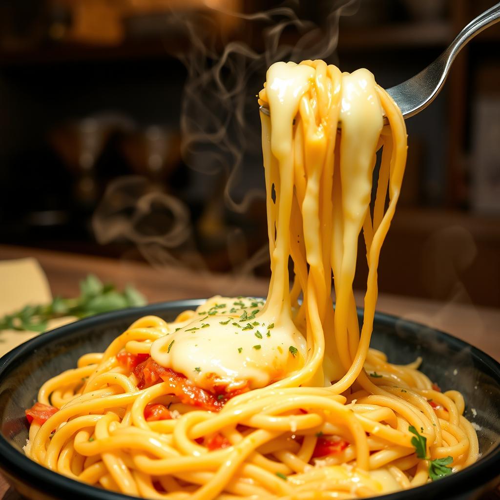 A steaming bowl of hot Maggi noodles, lavishly topped with gooey, melted mozzarella cheese that is slightly pulled to create an enticing stretchy effect