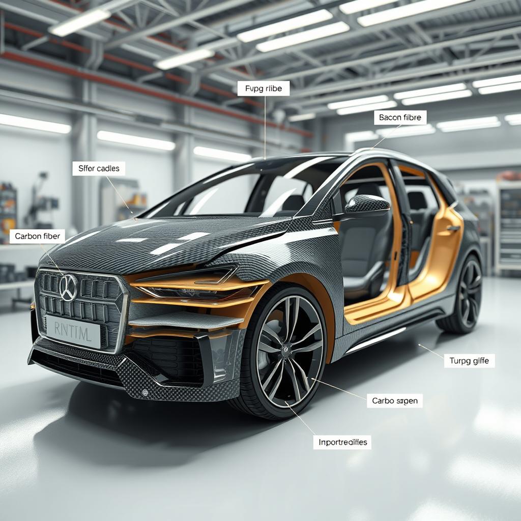 A highly detailed 3D rendering of a cross-section view of a car showcasing the intricate structure of carbon and fiber layers