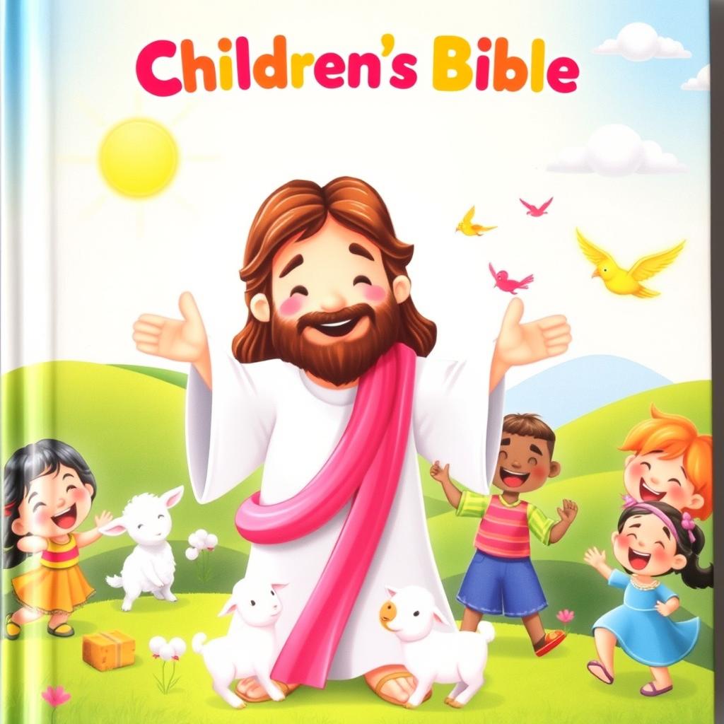 A colorful and engaging children's Bible cover featuring a friendly, gentle Jesus with a warm smile