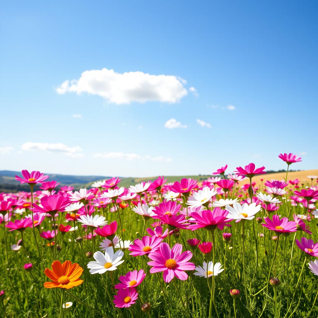 A vibrant and colorful field of cosmos flowers, showcasing a stunning variety of colors including pink, white, and purple blooms