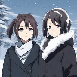 Anime-style scene from Jujutsu Kaisen featuring a girl with dark brown medium-length hair and hazel-grey eyes. She's wearing a black short coat, white scarf, and earmuffs, standing next to a smiling Gojo Satoru in a black coat amid a snowy winter landscape.