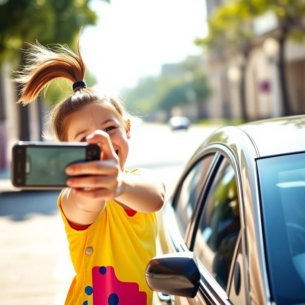 A girl with a short ponytail, laughing joyfully with her mouth wide open, pointing a phone camera at a car passing by on the sidewalk