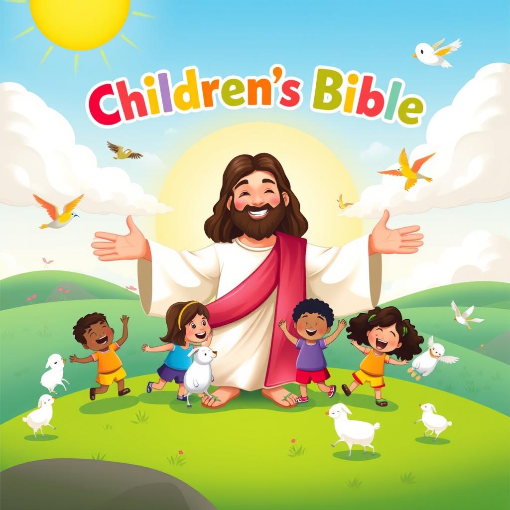 A colorful and engaging A5 children's Bible cover featuring a friendly, gentle Jesus with a warm smile