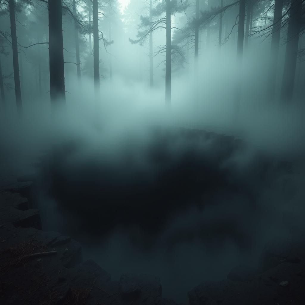 A mysterious and enormous hole in the ground, surrounded by a thick blanket of fog that gives it an eerie atmosphere