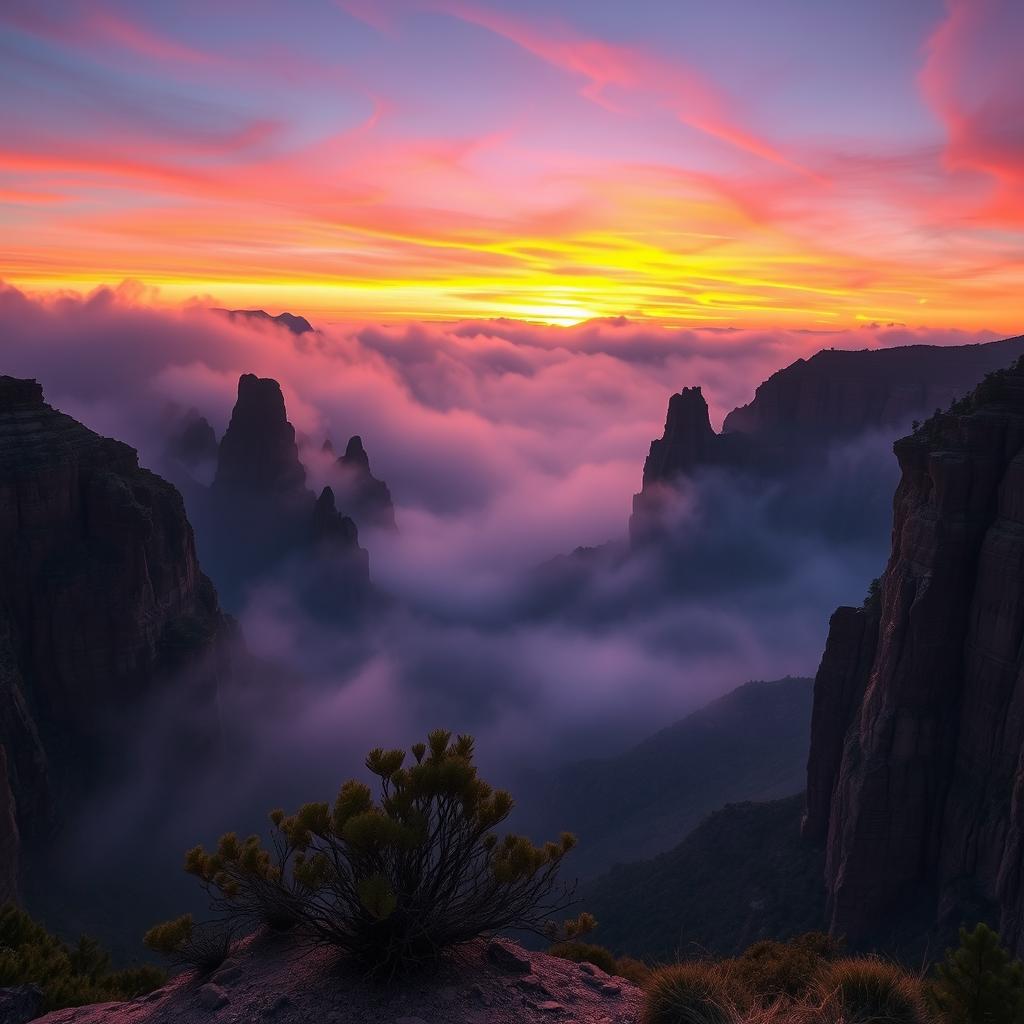 A stunning view of a giant canyon, dramatically shrouded in thick fog during a mesmerizing sunset