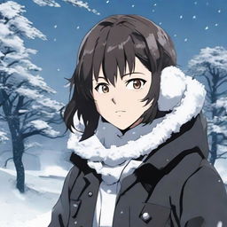 Anime-style scene from Jujutsu Kaisen featuring a girl with dark brown medium-length hair and hazel-grey eyes. She's wearing a black short coat, white scarf, and earmuffs, standing next to a smiling Gojo Satoru in a black coat amid a snowy winter landscape.