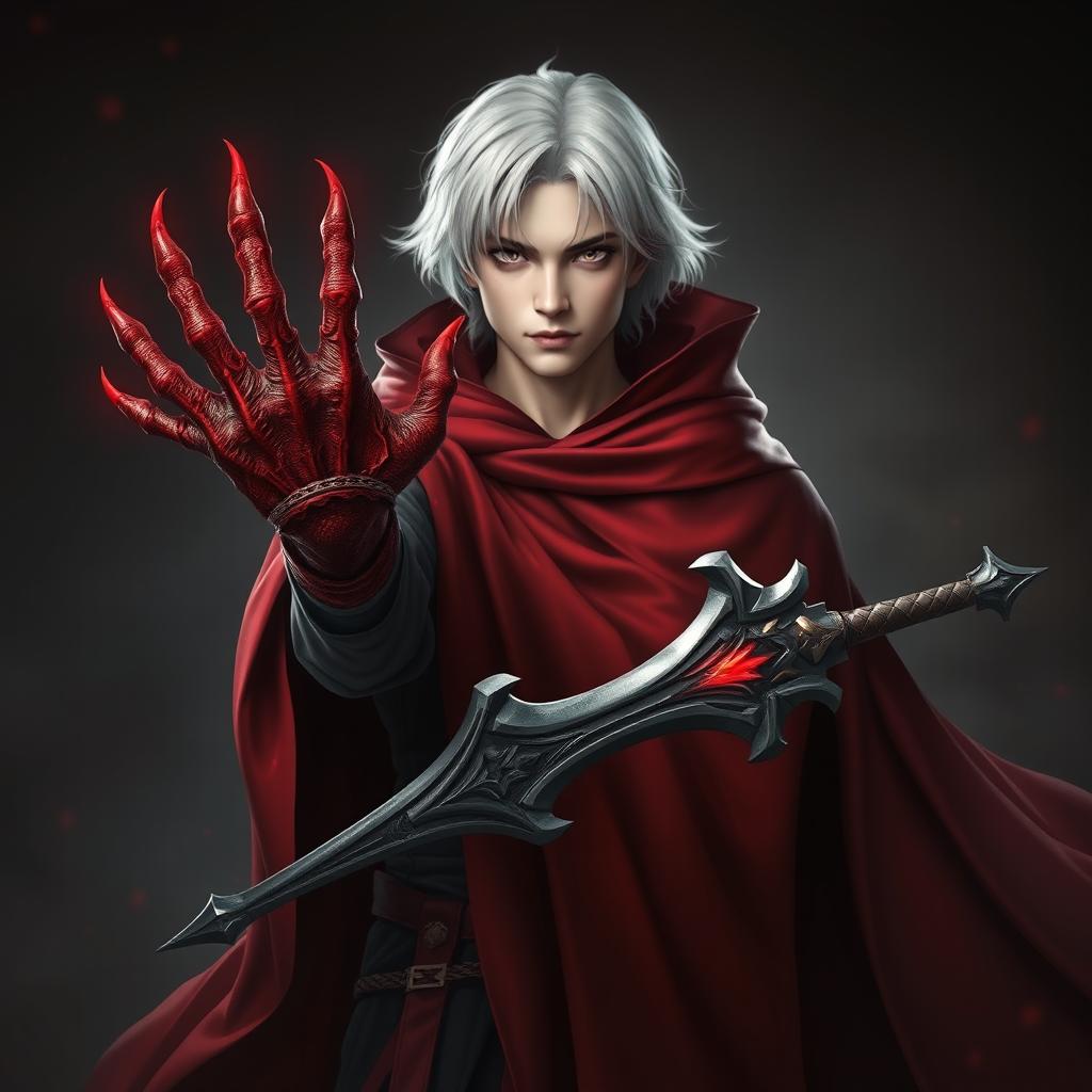 A young man with medium length white hair, wearing an elegant red cloak that flows dramatically around him