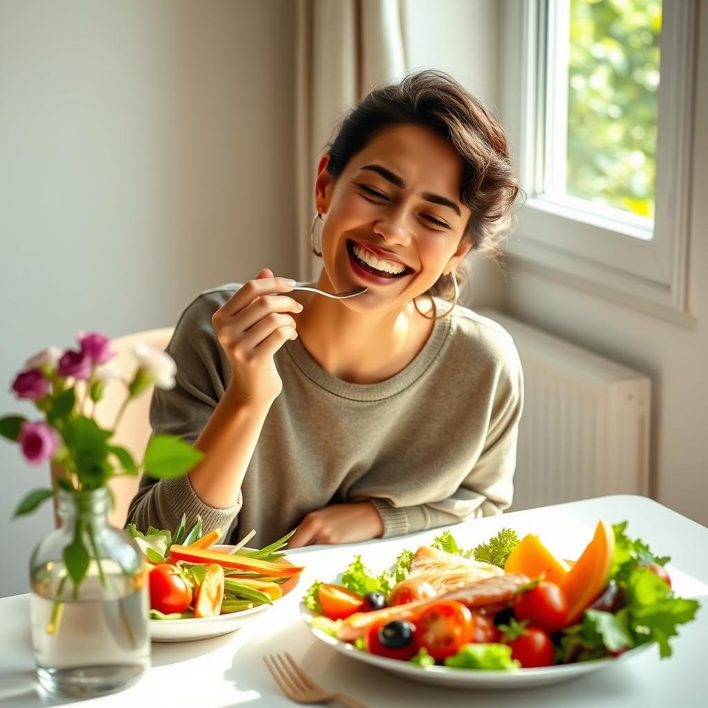 A person joyfully enjoying a healthy meal, sitting at a beautifully set table with a colorful array of fresh vegetables, fruits, and lean protein on their plate