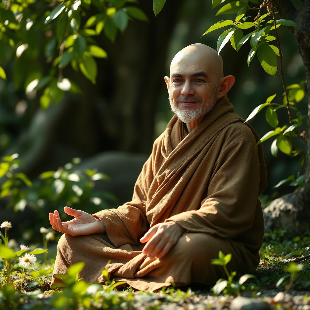 A balding halfling monk wearing a simple, weathered robe, sitting in a serene meditation pose amidst a tranquil natural setting