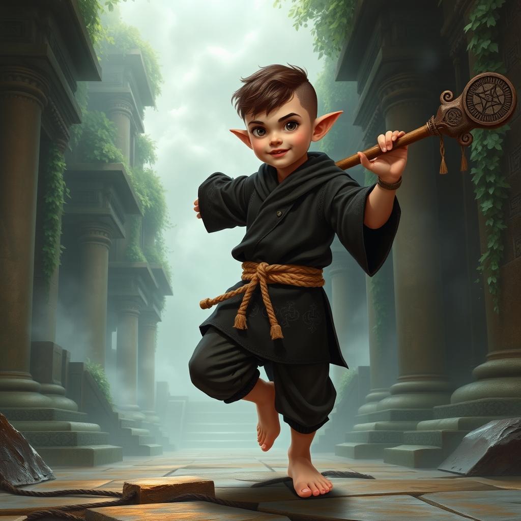 A heroic halfling monk character participating in a Dungeons & Dragons adventure