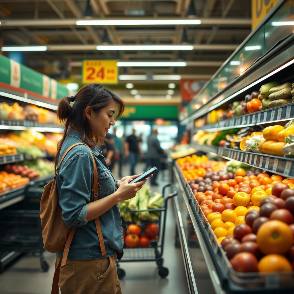 A realistic scene of a woman shopping at a grocery store, showcasing a vibrant and well-stocked environment