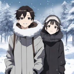 Anime-style scene from Jujutsu Kaisen featuring a girl with dark brown medium-length hair and hazel-grey eyes. She's wearing a black short coat, white scarf, and earmuffs, standing next to a smiling Gojo Satoru in a black coat amid a snowy winter landscape.