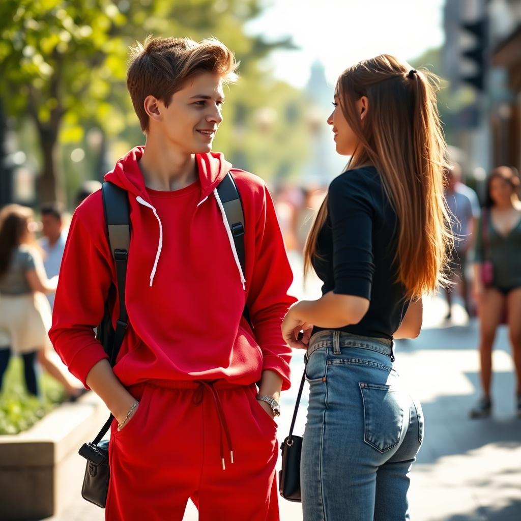 A young man with short brown hair, dressed in a vibrant red sports outfit, confidently approaches a girl in a casual setting
