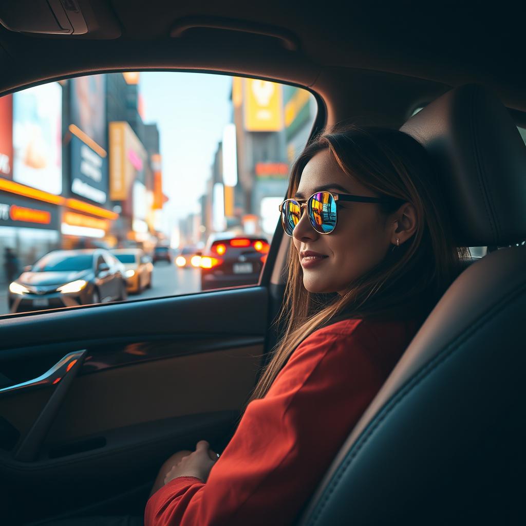 A captivating scene featuring a passenger sitting comfortably in a modern car, with the cityscape passing by through the window