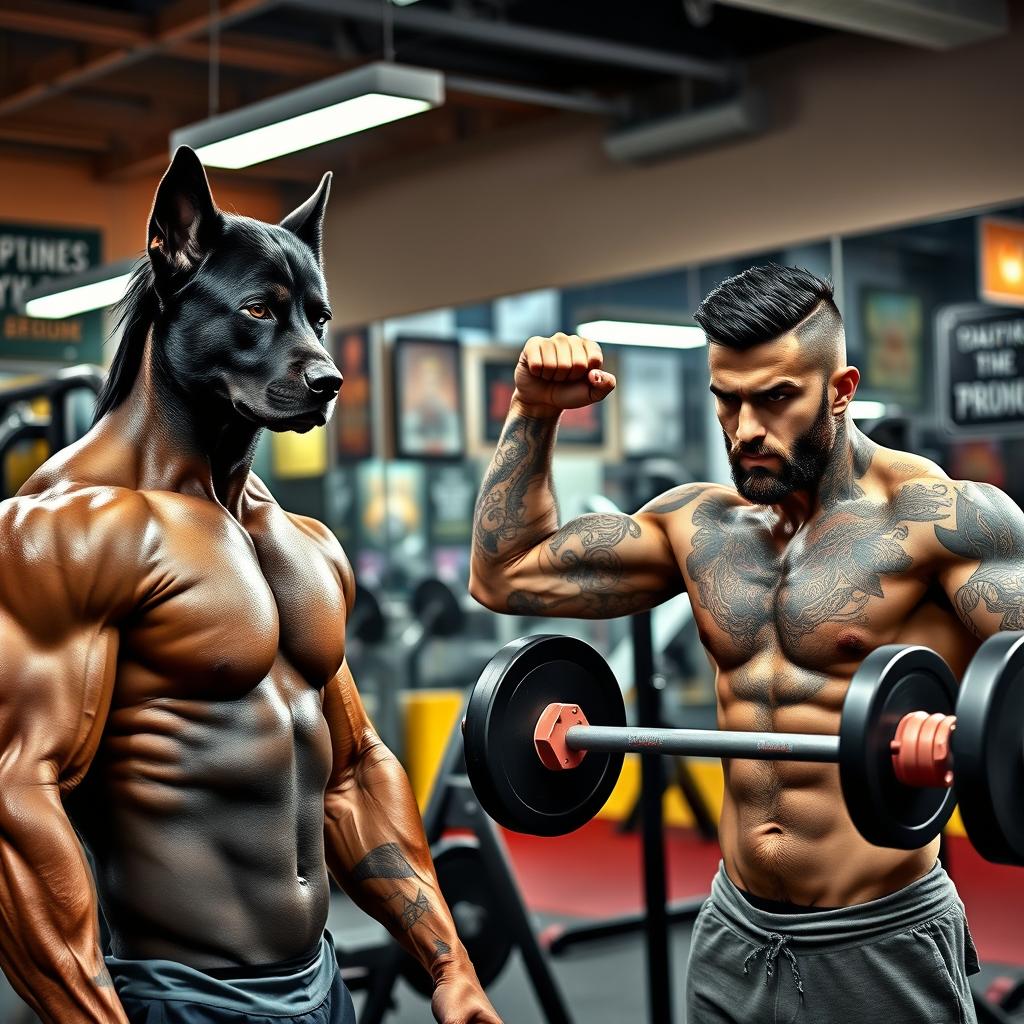 In a vibrant gym setting, two muscular men are training intensely