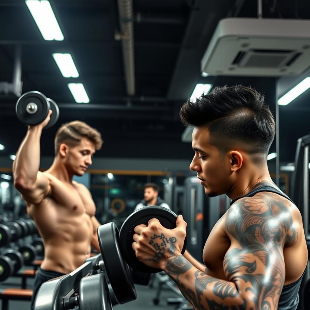 In a bustling gym environment, a muscular young man is energetically lifting weights