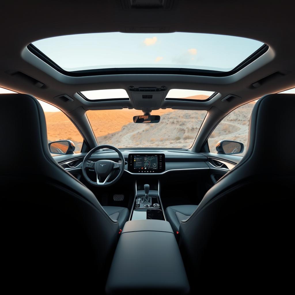 An interior view of a modern, high-tech car emphasizing a sleek design without a steering wheel