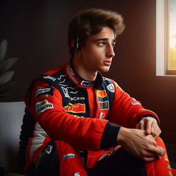 A realistic portrait of F1 driver Charles Leclerc in a therapy session, sitting in a serene setting, talking to a therapist or partaking in stress-reducing activity.