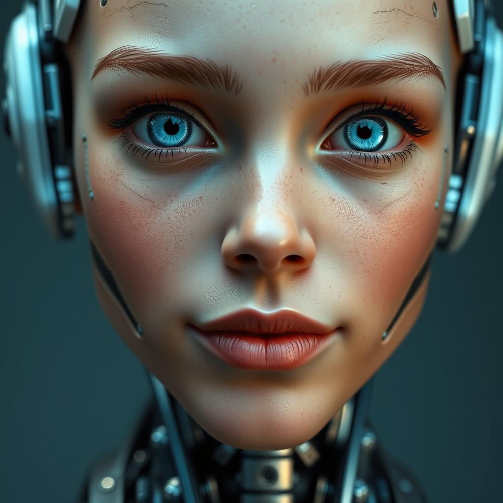 A close-up view of a cyborg girl with a realistic face, featuring vibrant blue eyes and a slight, inviting smile