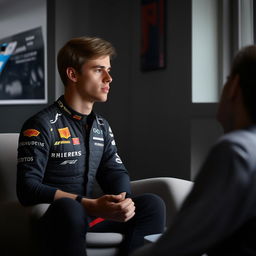 A realistic portrait of F1 driver Charles Leclerc in a therapy session, sitting in a serene setting, talking to a therapist or partaking in stress-reducing activity.