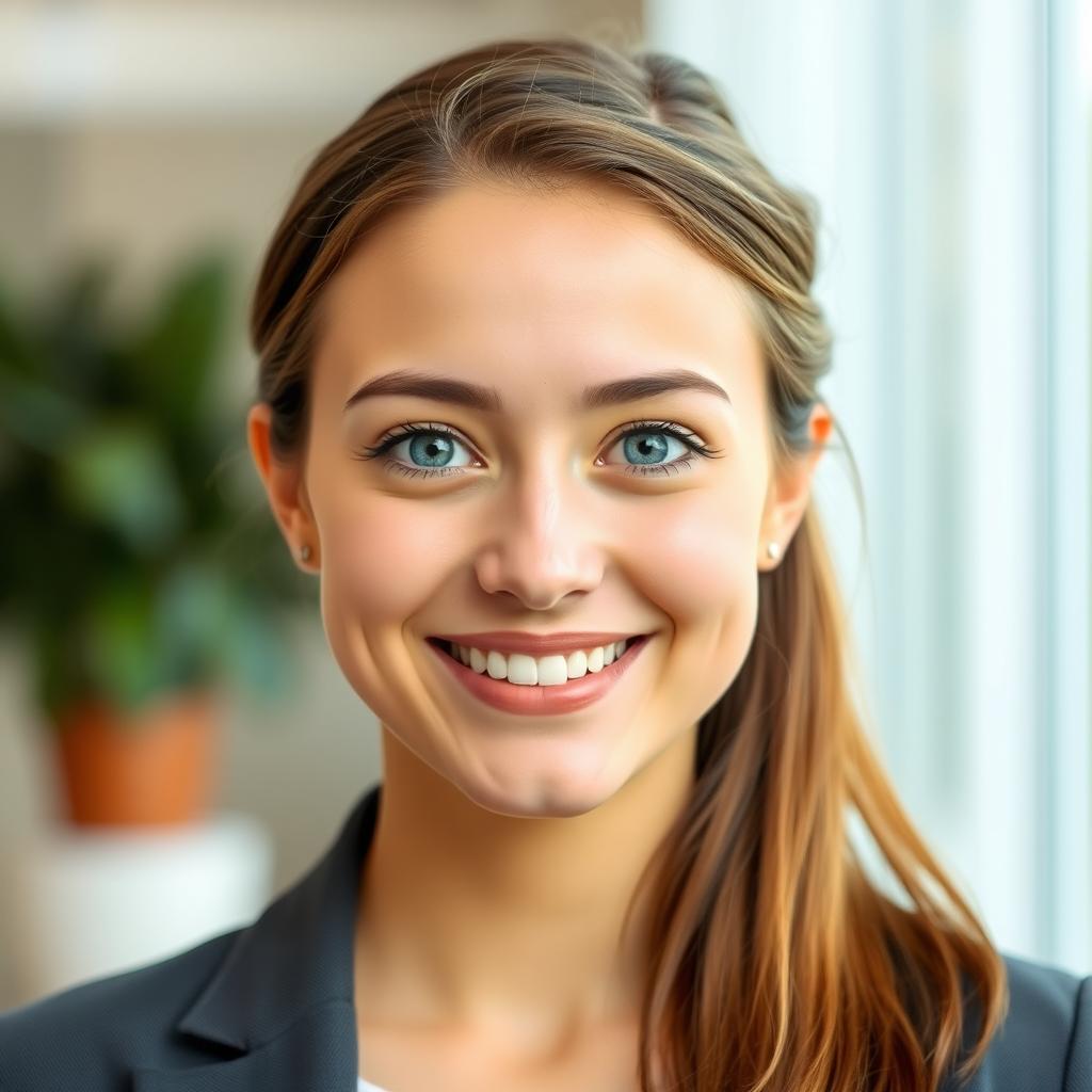 A professional headshot of a young woman with a warm smile