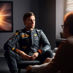 A realistic portrait of F1 driver Charles Leclerc in a therapy session, sitting in a serene setting, talking to a therapist or partaking in stress-reducing activity.