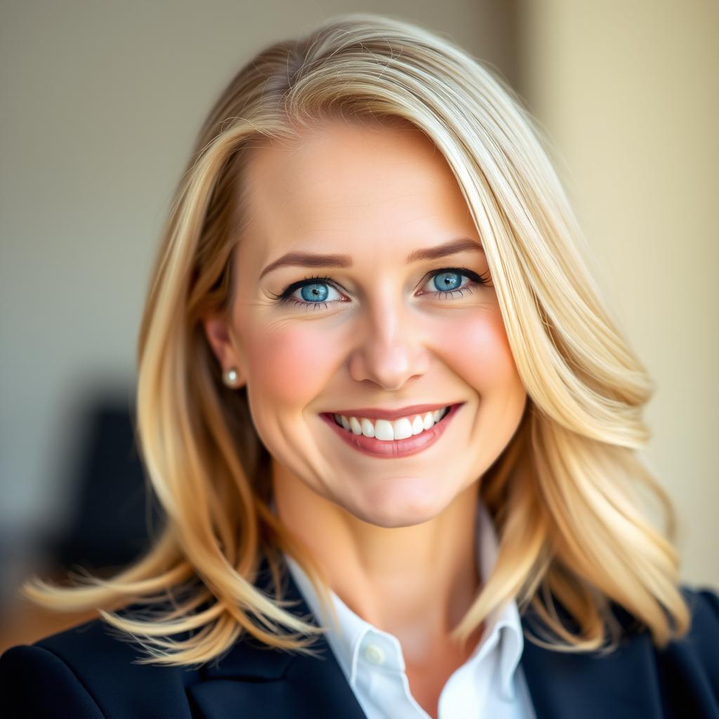 A warm and approachable professional headshot of a smiling woman with bright blue eyes and flowing blonde hair