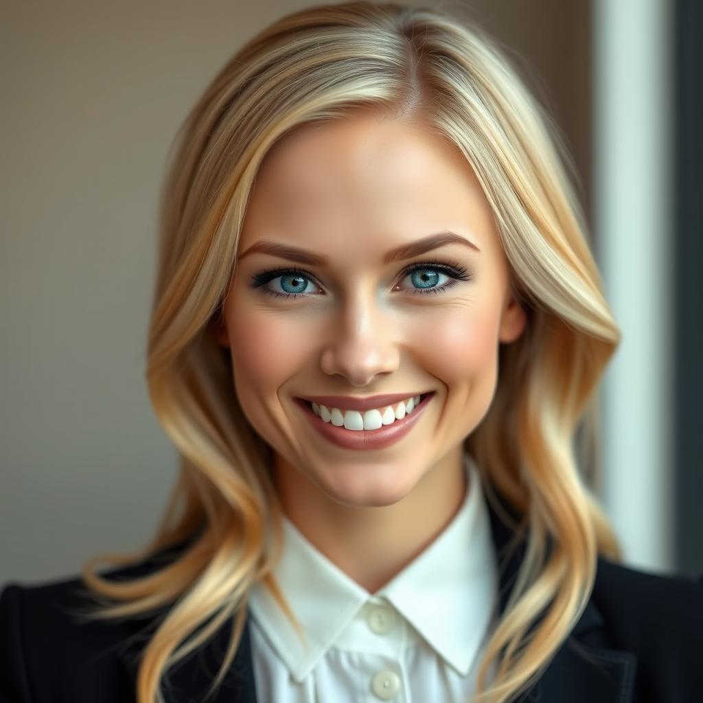 A captivating and friendly professional headshot of a smiling woman with striking blonde hair and unique blue cyborg eyes, conveying a blend of warmth and futuristic charm