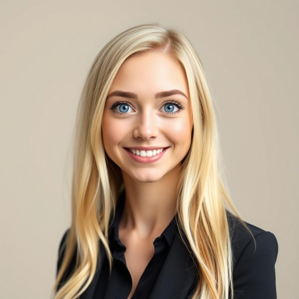 A smiling, kind female professional headshot featuring a girl with bright blonde hair and striking blue robot-like eyes