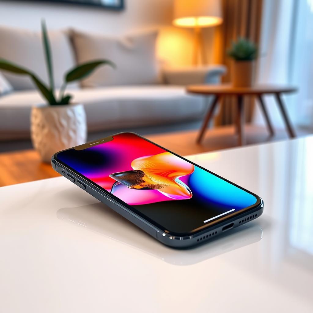 A sleek, modern iPhone smartphone lying on a smooth, reflective surface with a soft-focus background of a cozy home interior