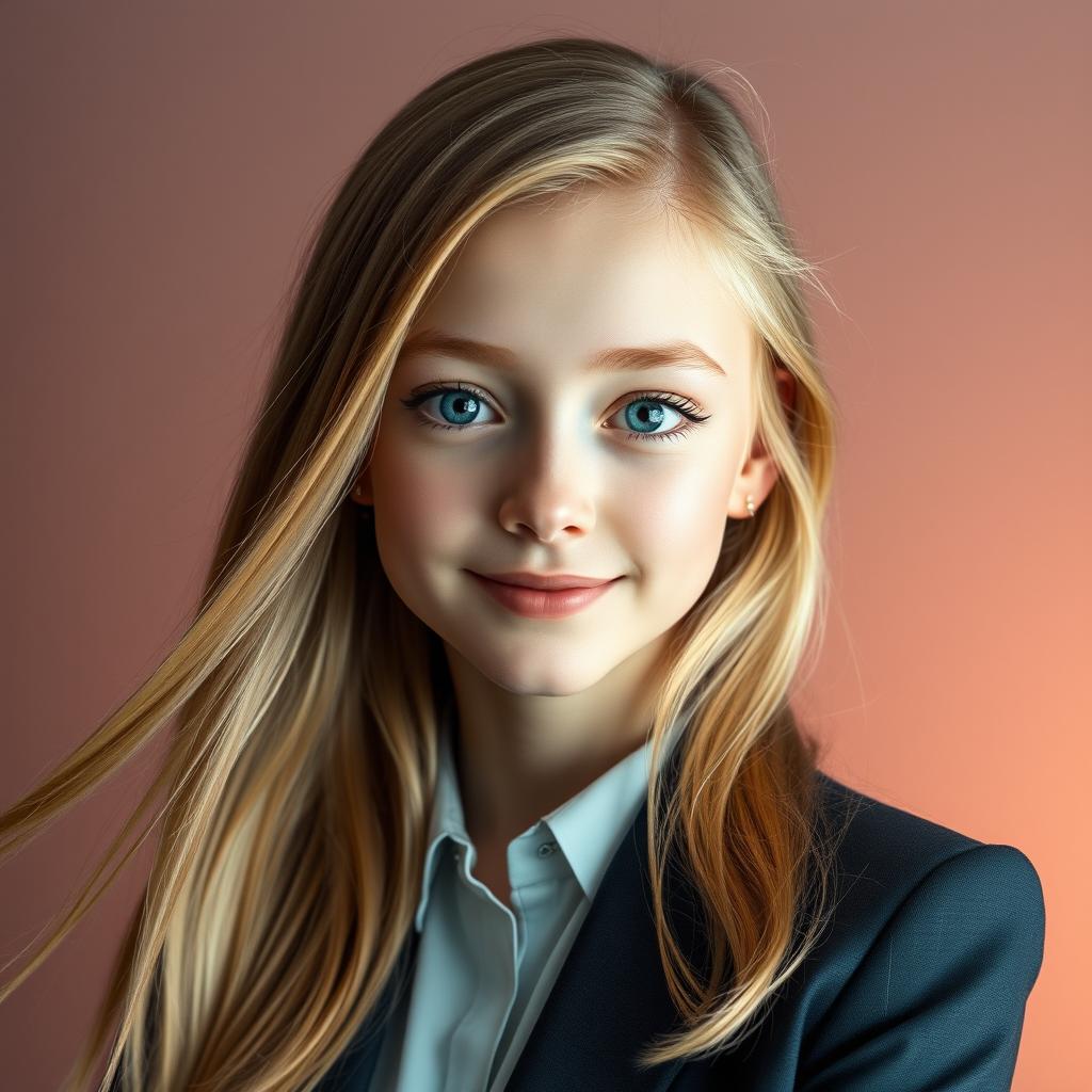 A professional headshot of a girl with flowing blonde hair and robot-like eyes that display kindness and intelligence