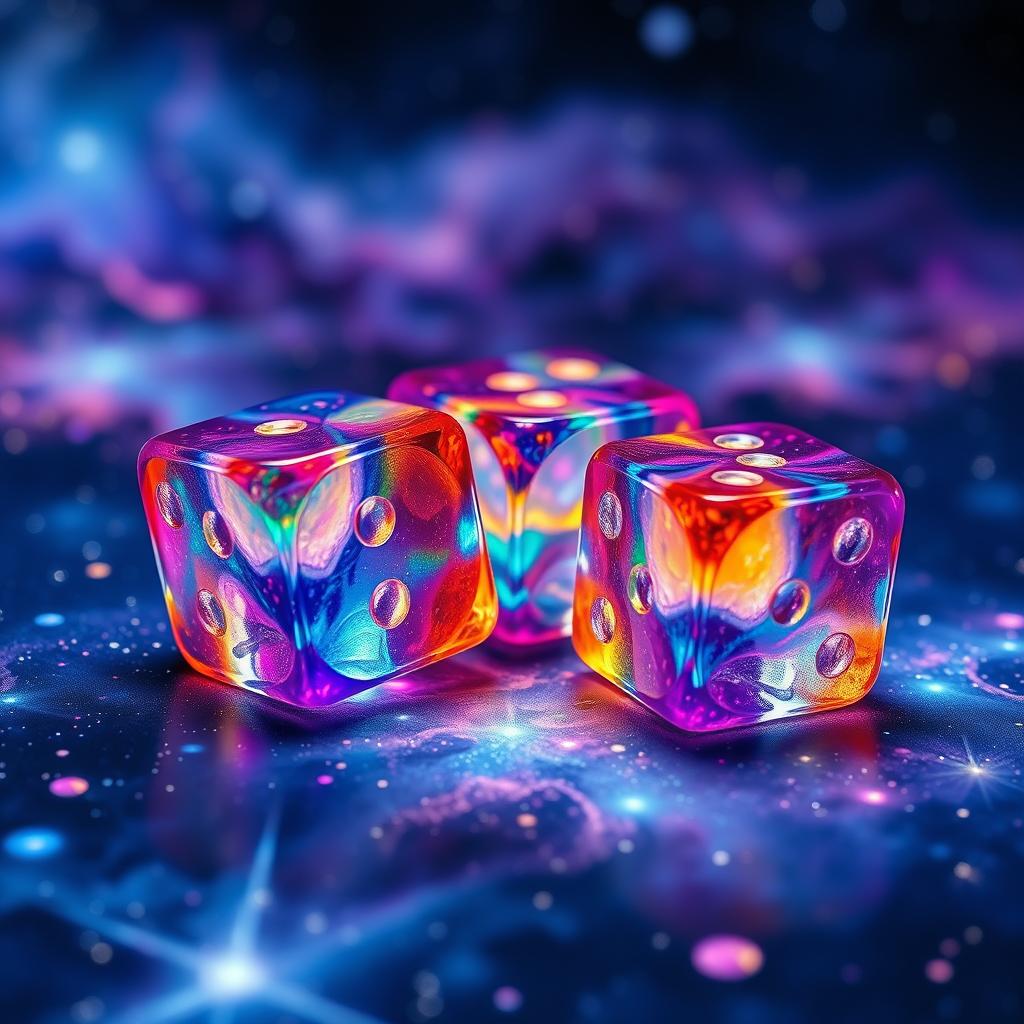 A beautifully detailed close-up of vibrant, multi-colored dice resting on a stunning galaxy background filled with stars, nebulae, and swirling cosmic clouds