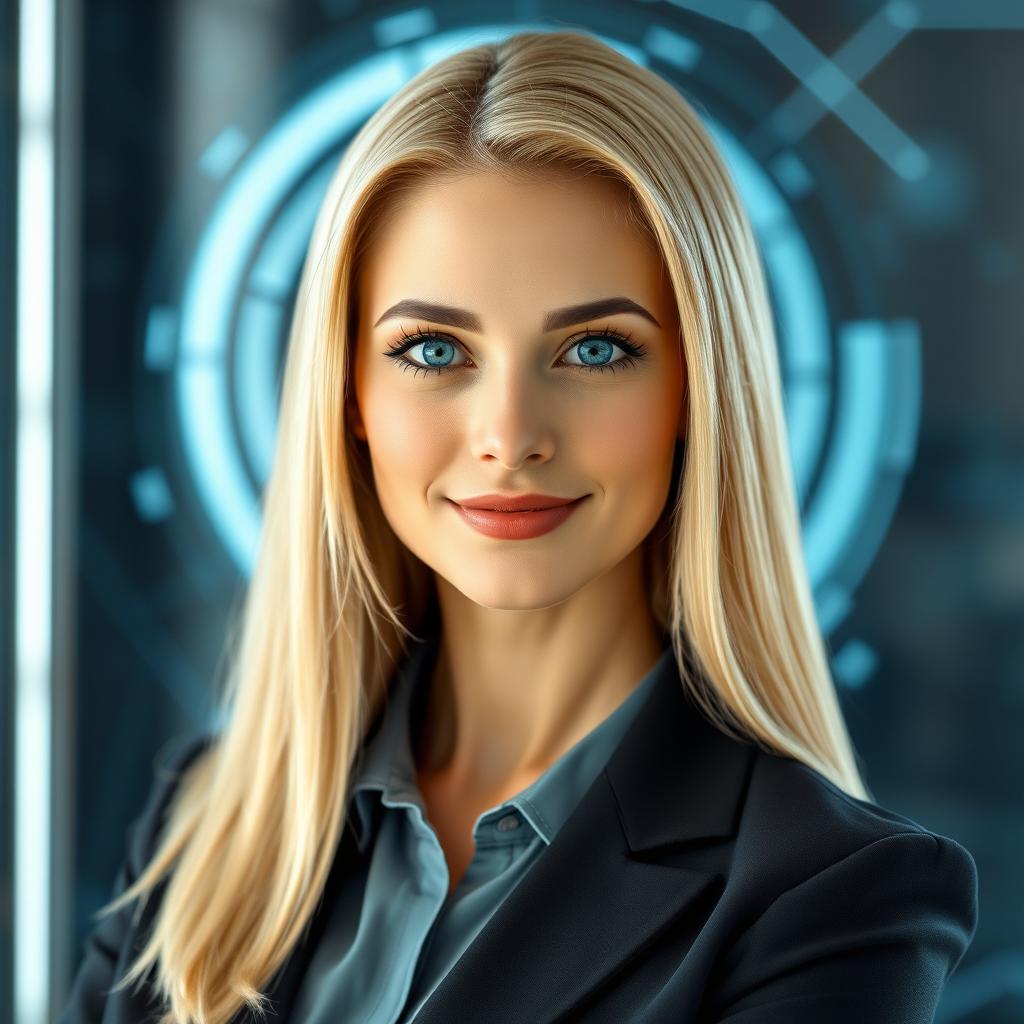A professional headshot of a woman with sleek blonde hair and futuristic cyborg eyes that convey kindness and confidence