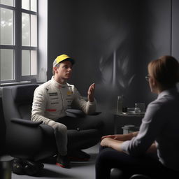 A realistic portrait of F1 driver Charles Leclerc in a therapy session, sitting in a serene setting, talking to a therapist or partaking in stress-reducing activity.