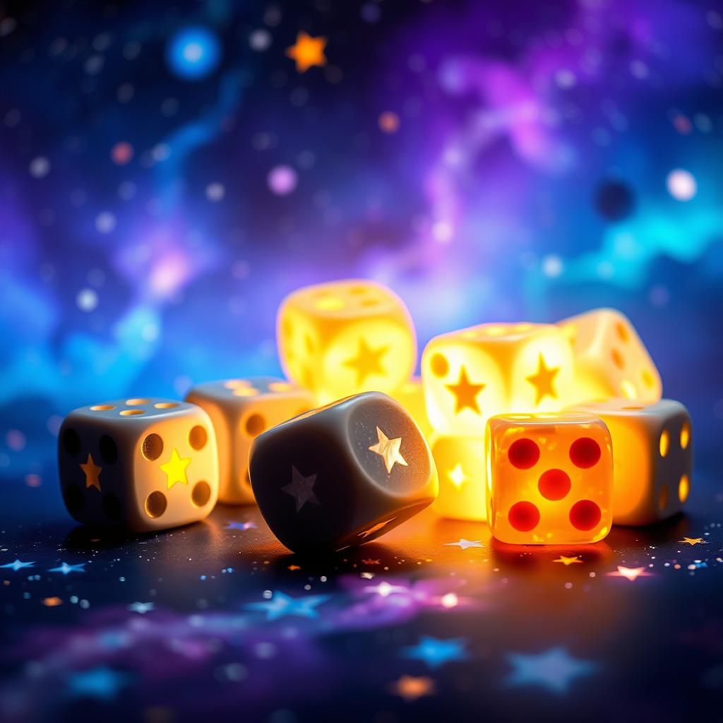 A captivating scene featuring star-themed dice scattered on a mesmerizing universe background filled with deep-space elements such as distant galaxies, twinkling stars, and colorful nebulae