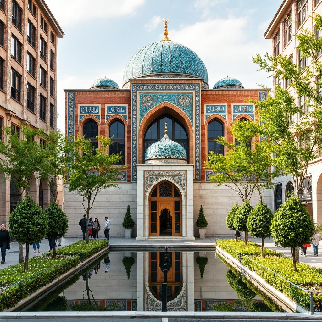 An Islamic religious building in the Safavid architectural style located in a bustling city center, situated on a main street