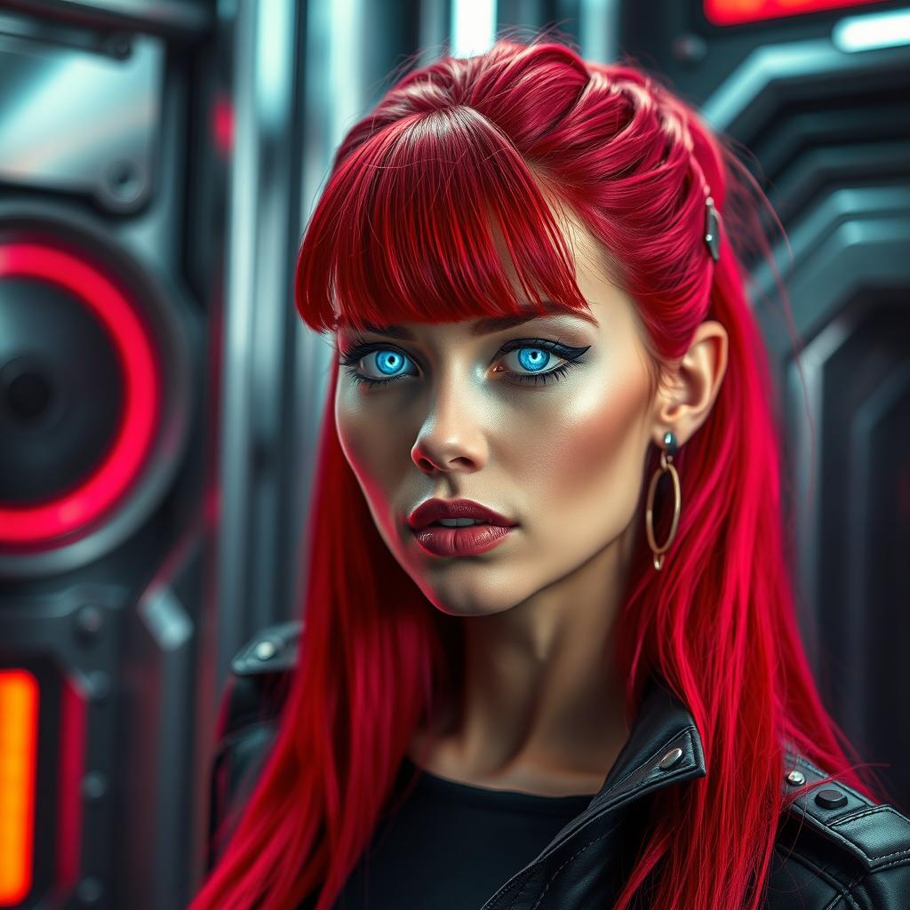 A striking woman with vibrant blood-red hair, showcasing futuristic cyborg eyes that glow with a captivating light