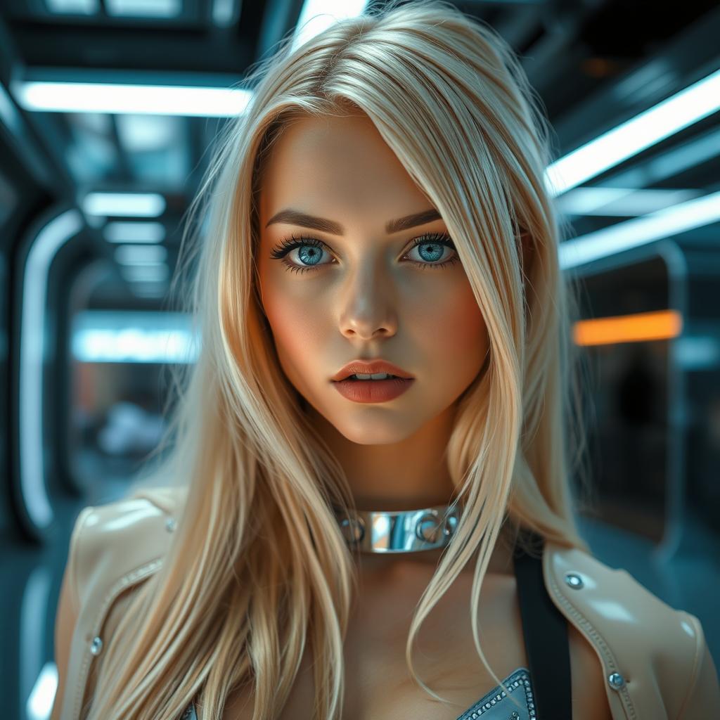 A real woman with beautiful blonde hair, featuring striking cyborg eyes that emit a soft glow
