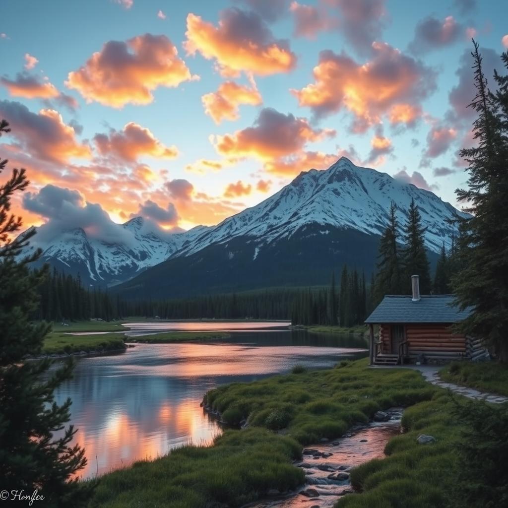 A majestic snowy mountain landscape bathed in the soft golden light of sunset, with fluffy clouds scattered across a vibrant sky filled with hues of pink, orange, and purple