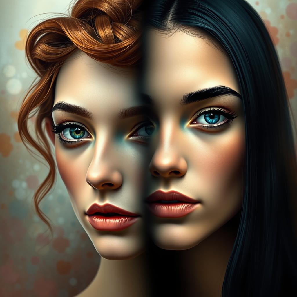 A surreal artwork featuring a seamless blend of two human faces, merging their features into a unique and captivating entity