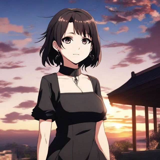 Anime-styled girl inspired by Jujutsu Kaisen. She has dark brown hair, hazel eyes, and is wearing a black mini dress. She is standing and smiling against a beautiful sunset.