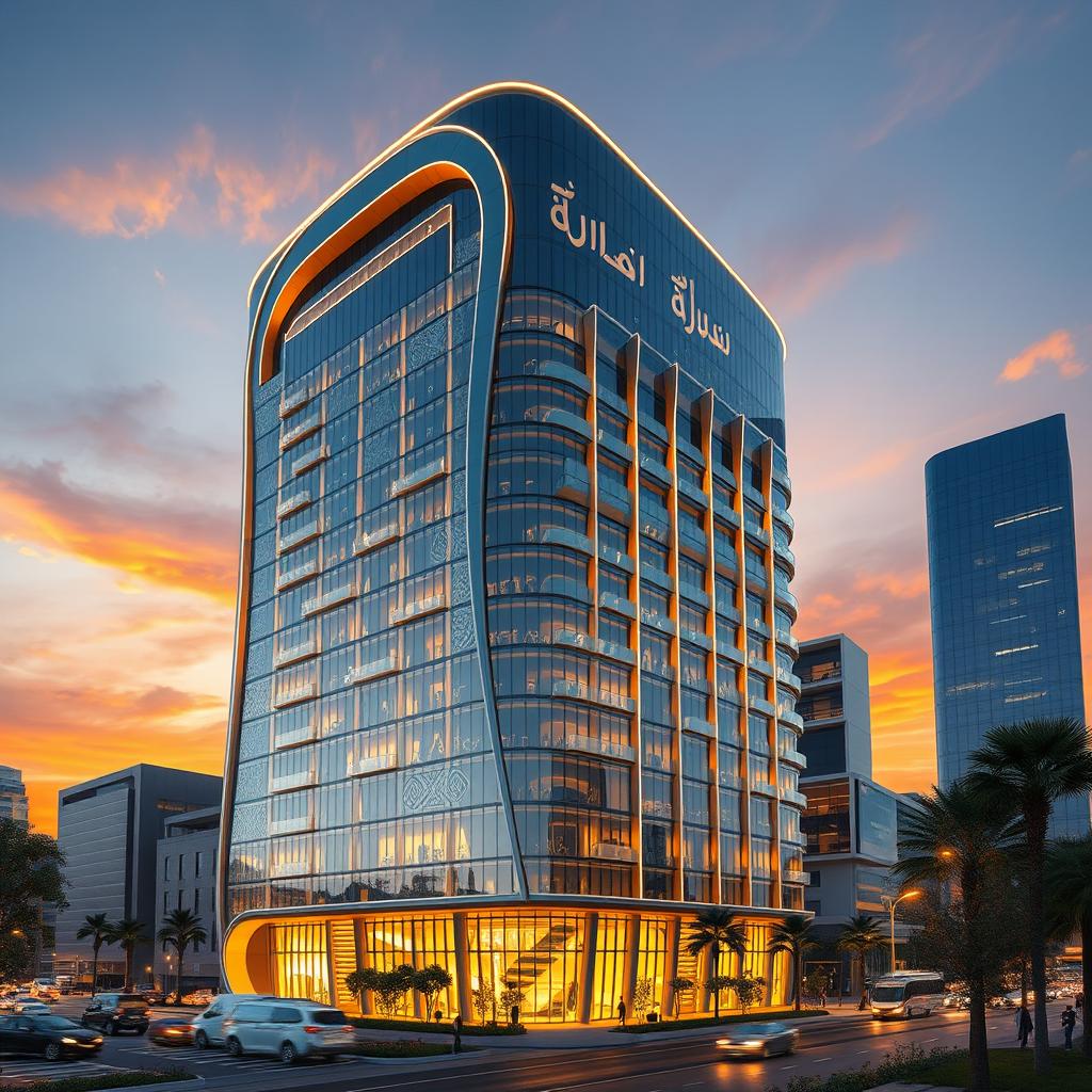 A high-detail rendering of architectural style featuring a 20-story building standing 80 meters tall, combining two Iranian styles with arc and modern design