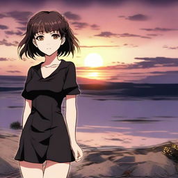 Anime-styled girl inspired by Jujutsu Kaisen. She has dark brown hair, hazel eyes, and is wearing a black mini dress. She is standing and smiling against a beautiful sunset.