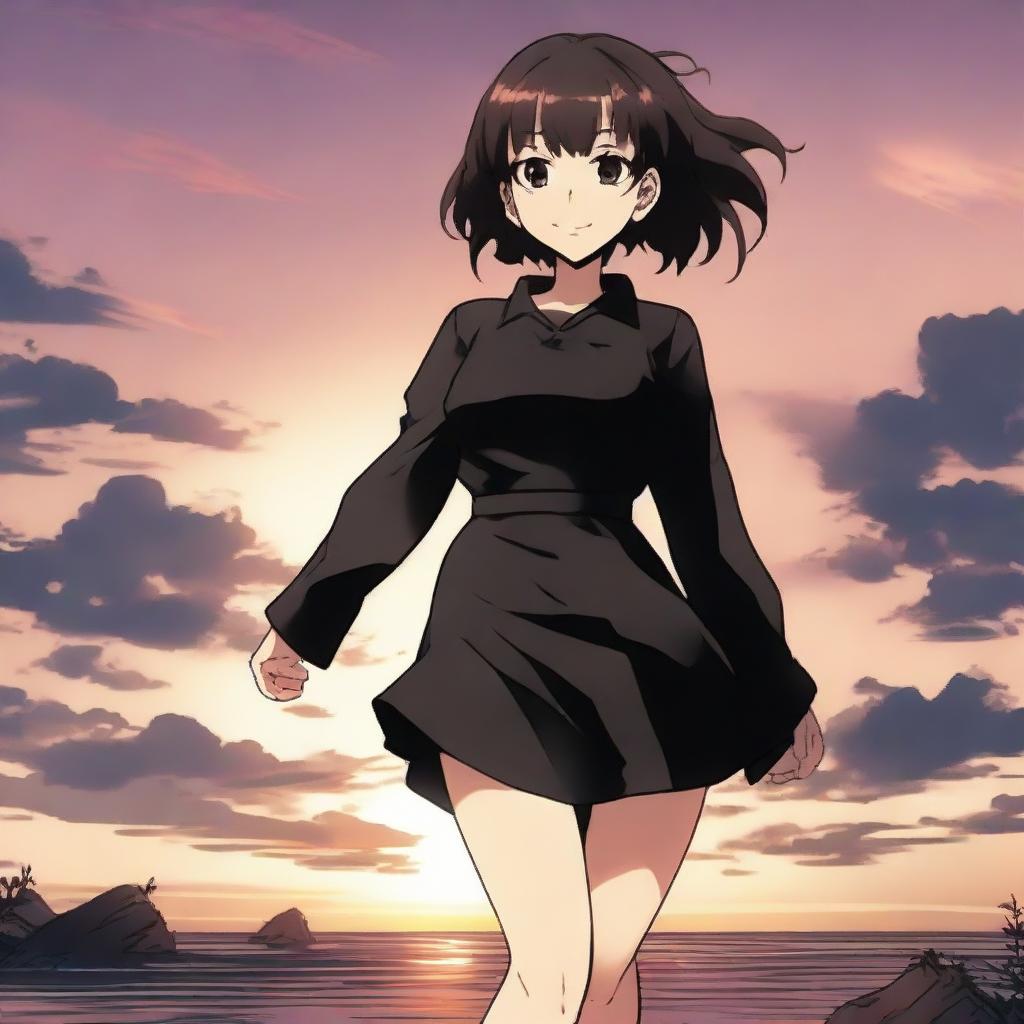 Anime-styled girl inspired by Jujutsu Kaisen. She has dark brown hair, hazel eyes, and is wearing a black mini dress. She is standing and smiling against a beautiful sunset.