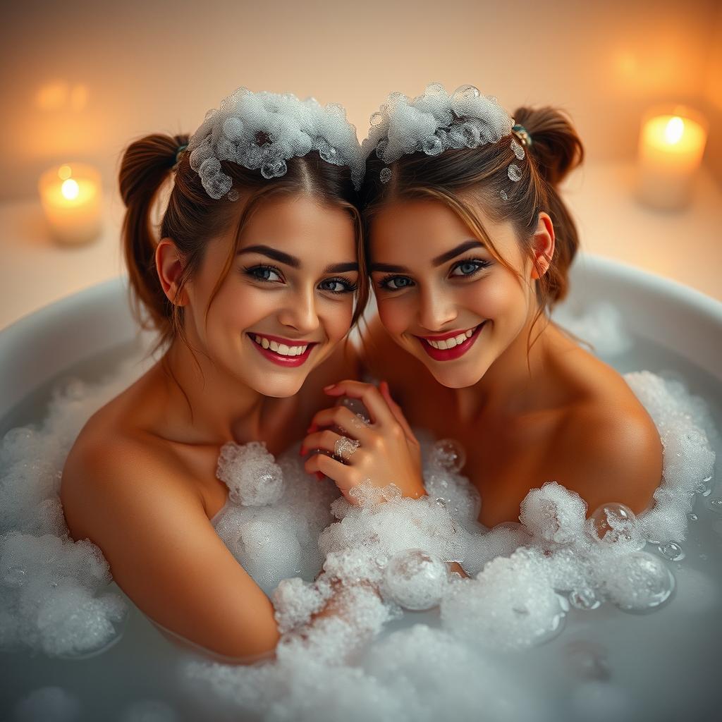 Two young women with light brown hair styled in ponytails are playfully interacting in an intimate bubble bath